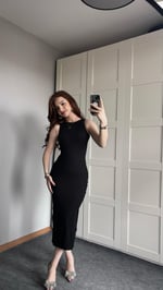 Halter Yaka Fitilli Midi Siyah Elbise
