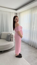 Havlu Madonna Yaka Sıfır Kol Elbise Pembe