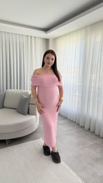 Havlu Madonna Yaka Sıfır Kol Elbise Pembe