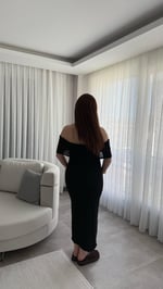 Havlu Madonna Yaka Sıfır Kol Elbise Siyah