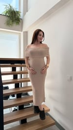 Havlu Madonna Yaka Sıfır Kol Elbise Sütlü Kahverengi
