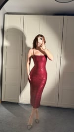 İp Askılı Pullu Midi Elbise Bordo