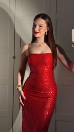 İp Askılı Pullu Midi Elbise Kırmızı