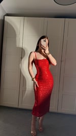 İp Askılı Pullu Midi Elbise Kırmızı