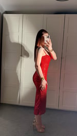 İp Askılı Pullu Midi Elbise Kırmızı