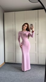 İspanyol Kol Eteği Volanlı Elbise Pembe