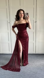 Jasmin Pullu Düşük Omuz Abiye Bordo
