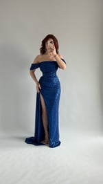 Jasmin Pullu Düşük Omuz Abiye Saks 