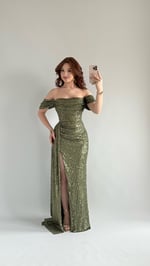 Jasmin Pullu Düşük Omuz Abiye Yeşil 