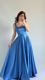 Julia Kare Yaka Saten Abiye İndigo 