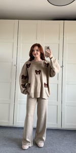 Kahverengi Kurdele İşlemeli Kahverengi Triko Takım 