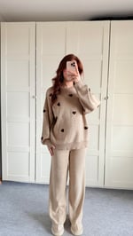 Kahverengi Minik Kalp İşlemeli Kahverengi Triko Takım 