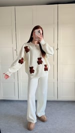 Kahverengi Minik Teddy Beyaz Triko Takım 