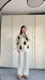 Kahverengi Minik Teddy Beyaz Triko Takım 