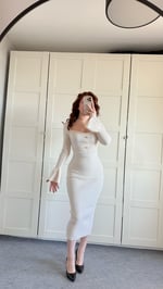 Kalp Yaka Gold Düğme Triko Midi Elbise Taş