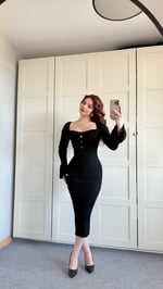 Kalp Yaka Gold Düğme Triko Midi Elbise Siyah