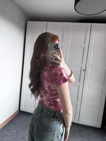 Kare Yaka Batik Pembe Beyaz Crop