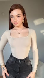Kare Yaka Bodysuit Uzun Kol Bej