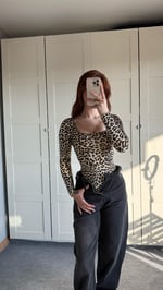 Kare Yaka Bodysuit Uzun Kol Leopar