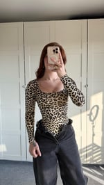 Kare Yaka Bodysuit Uzun Kol Leopar