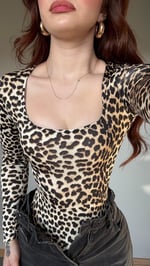 Kare Yaka Bodysuit Uzun Kol Leopar
