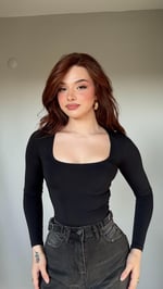 Kare Yaka Bodysuit Uzun Kol Siyah