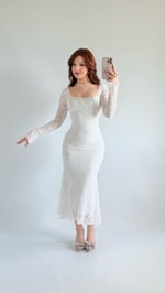 Kare Yaka Dantel Midi Elbise Beyaz