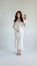 Kare Yaka Dantel Midi Elbise Beyaz
