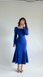 Kare Yaka Kalem Elbise Uzun Kol Saks