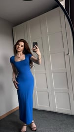 Kare Yaka Kısa Kol Mavi Elbise 
