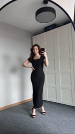 Kare Yaka Kısa Kol Siyah Elbise