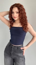Kare Yaka Önü Dökümlü Crop Lacivert