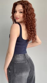 Kare Yaka Önü Dökümlü Crop Lacivert