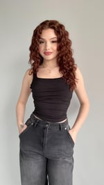 Kare Yaka Önü Dökümlü Crop Siyah