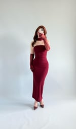 Karen Tül Eldiven Ve Fular Elbise Bordo