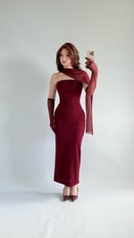 Karen Tül Eldiven Ve Fular Elbise Bordo