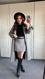 Kaşe Vatkalı Şeritli Kaban Ve Etek Takım