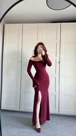 Kayık Yaka Belden Bağlamalı Elbise Bordo