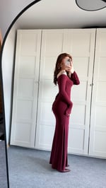 Kayık Yaka Belden Bağlamalı Elbise Bordo