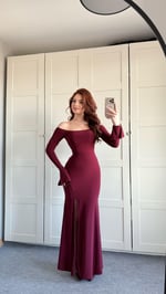 Kayık Yaka Belden Bağlamalı Elbise Bordo