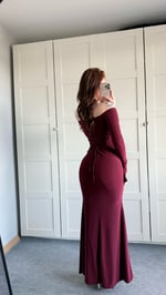 Kayık Yaka Belden Bağlamalı Elbise Bordo