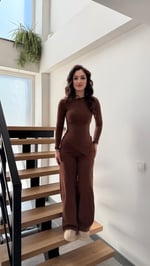 Kayık Yaka Örme İkili Takım Kahverengi 