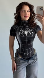 Kısa Kol Baskı Bodysuit Spider Siyah