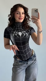 Kısa Kol Baskı Bodysuit Spider Siyah