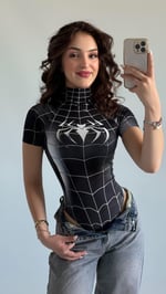 Kısa Kol Baskı Bodysuit Spider Siyah