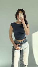 Külah Kol Yan Büzgülü Crop İndigo