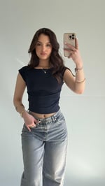 Külah Kol Yan Büzgülü Crop Lacivert
