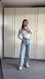 Kurdele İşlemeli Buz Mavi Yüksek Bel Pantolon