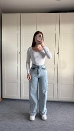 Kurdele İşlemeli Buz Mavi Yüksek Bel Pantolon