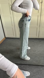 Kurdele İşlemeli Buz Mavi Yüksek Bel Pantolon